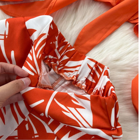 Flared-sleeve Top & Printed Trousers 2Pcs