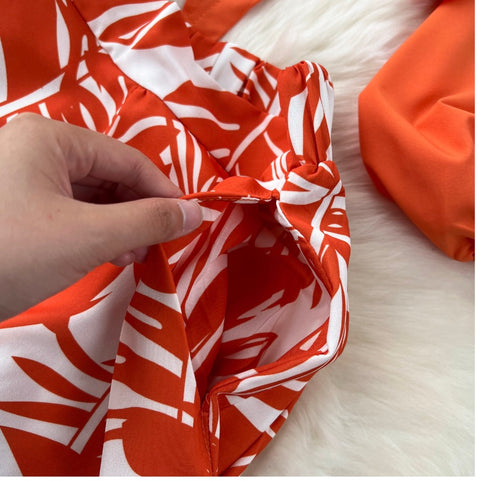 Flared-sleeve Top & Printed Trousers 2Pcs