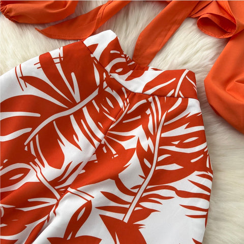 Flared-sleeve Top & Printed Trousers 2Pcs