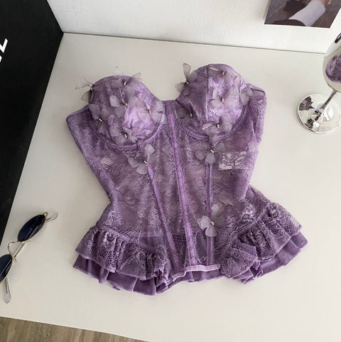 Rhinestone Studded Lace Fishbone Top