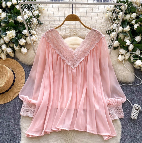 V-neck Lace Patchwork Chiffon Shirt