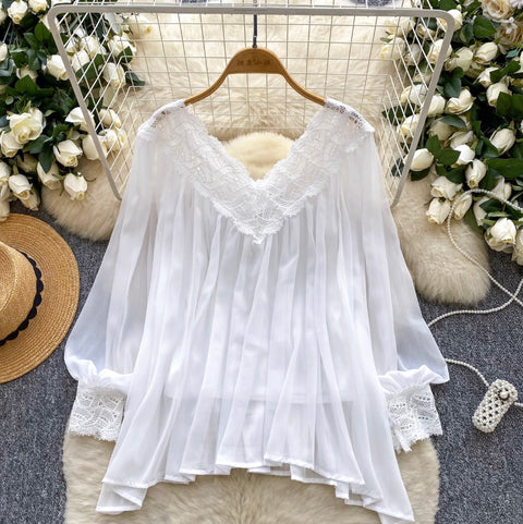 V-neck Lace Patchwork Chiffon Shirt