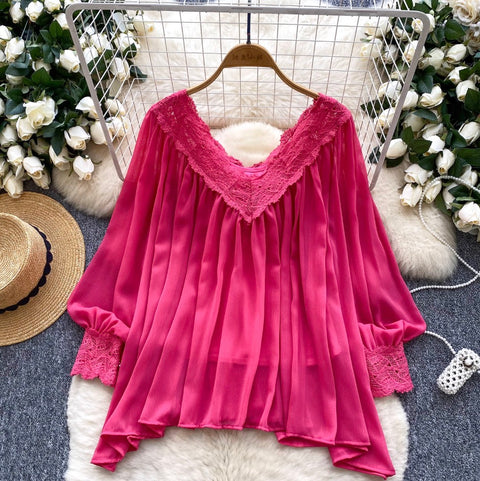 V-neck Lace Patchwork Chiffon Shirt
