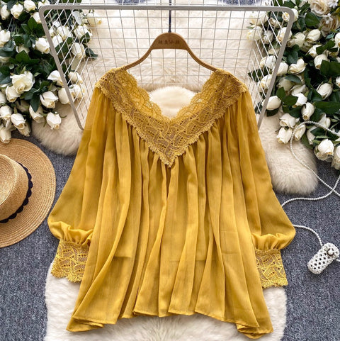 V-neck Lace Patchwork Chiffon Shirt