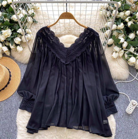 V-neck Lace Patchwork Chiffon Shirt