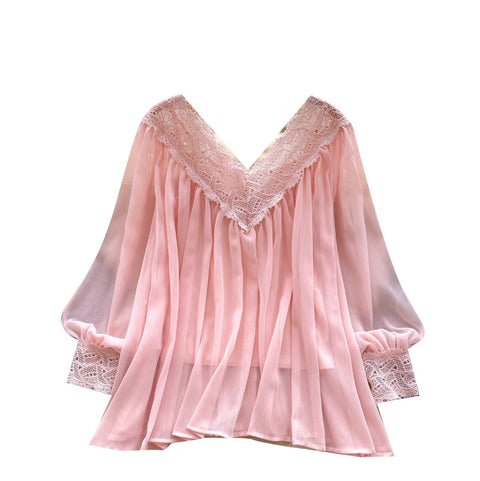 V-neck Lace Patchwork Chiffon Shirt