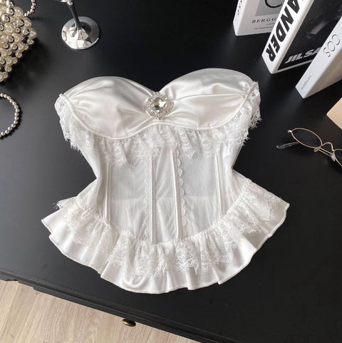 Rhinestone Studded White Lace Top