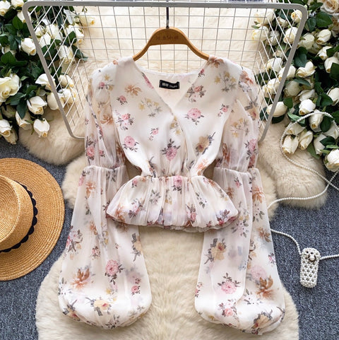 French Style Floral Print Mesh Shirt