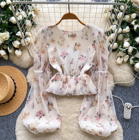 French Style Floral Print Mesh Shirt