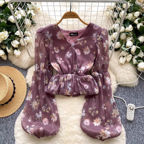 French Style Floral Print Mesh Shirt