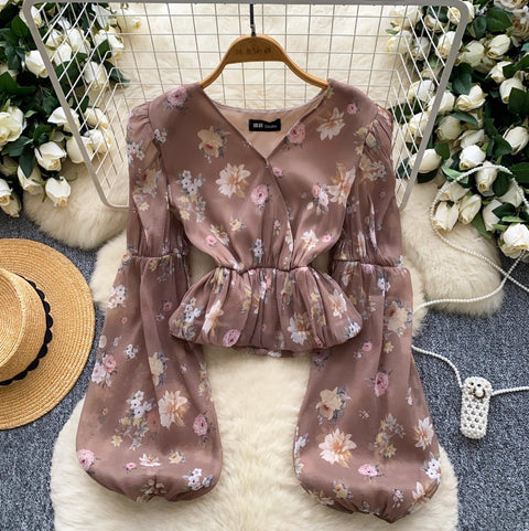 French Style Floral Print Mesh Shirt