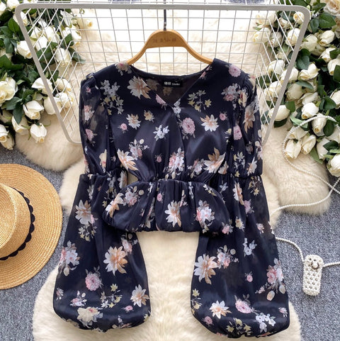 French Style Floral Print Mesh Shirt