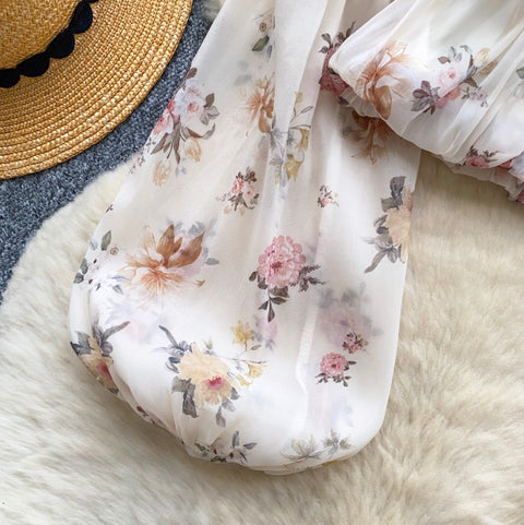 French Style Floral Print Mesh Shirt