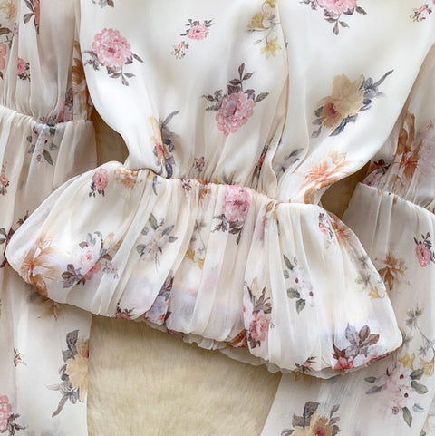 French Style Floral Print Mesh Shirt