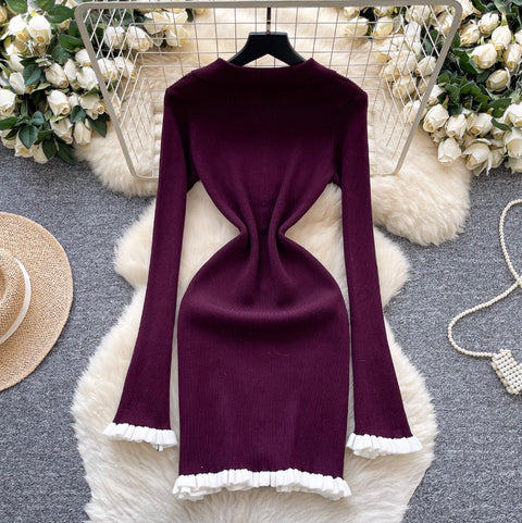 Simple Design Ruffled Knit Dress
