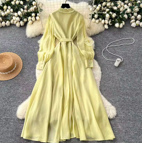 Premium Beaded Lace-up Shirt Dress