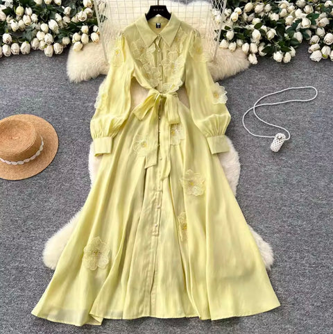 Premium Beaded Lace-up Shirt Dress