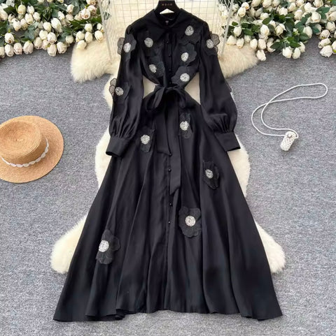 Premium Beaded Lace-up Shirt Dress