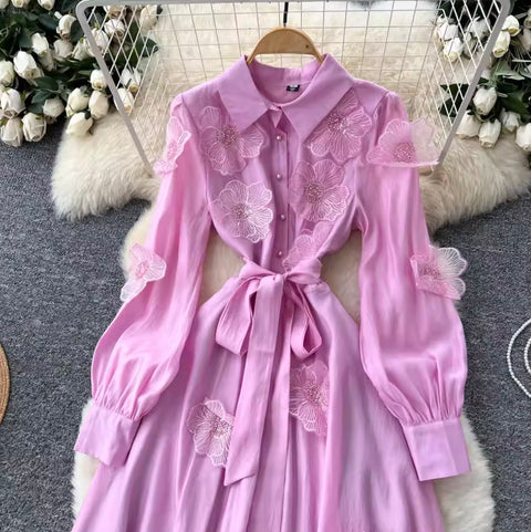Premium Beaded Lace-up Shirt Dress