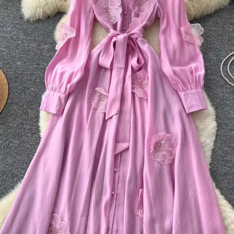 Premium Beaded Lace-up Shirt Dress