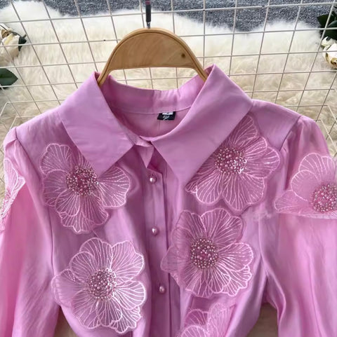 Premium Beaded Lace-up Shirt Dress