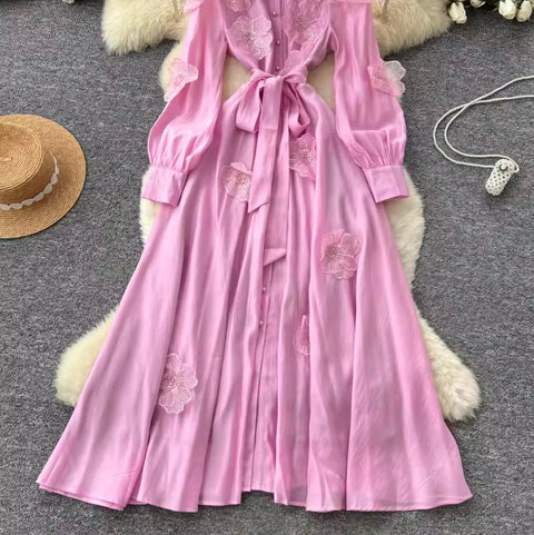 Premium Beaded Lace-up Shirt Dress