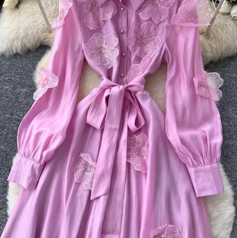 Premium Beaded Lace-up Shirt Dress