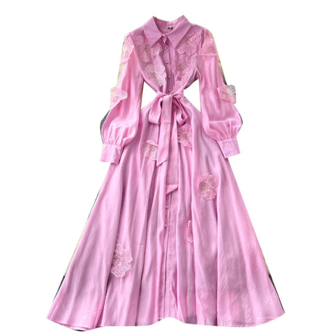 Premium Beaded Lace-up Shirt Dress