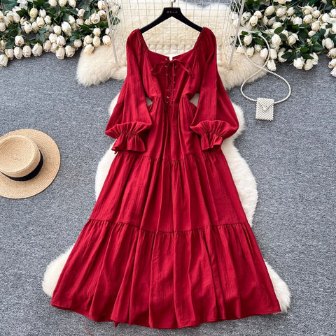 Elegant Square Neckline Lace-up Dress