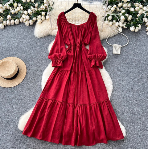 Elegant Square Neckline Lace-up Dress