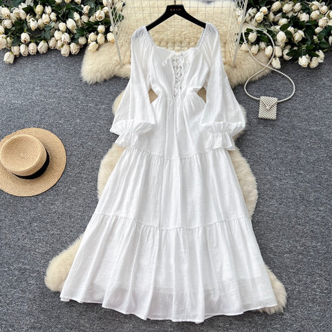 Elegant Square Neckline Lace-up Dress