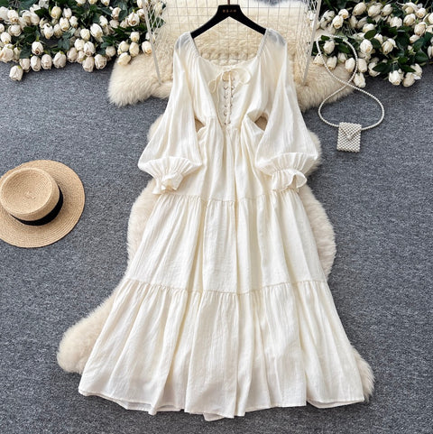 Elegant Square Neckline Lace-up Dress