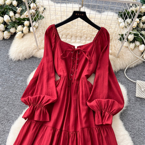 Elegant Square Neckline Lace-up Dress