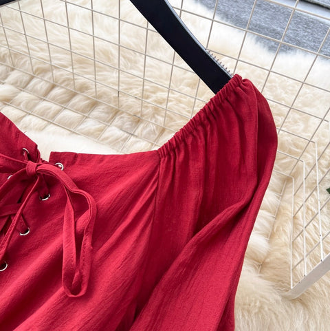 Elegant Square Neckline Lace-up Dress