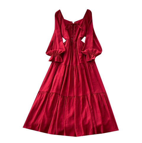 Elegant Square Neckline Lace-up Dress