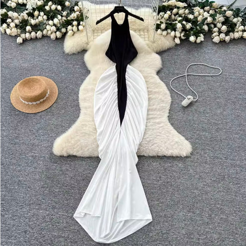 Irregular Design Black & White Halter Dress