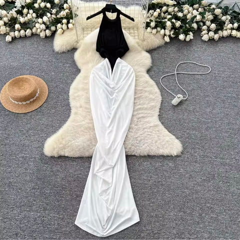 Irregular Design Black & White Halter Dress