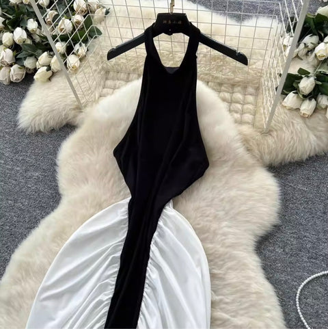 Irregular Design Black & White Halter Dress