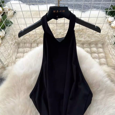 Irregular Design Black & White Halter Dress