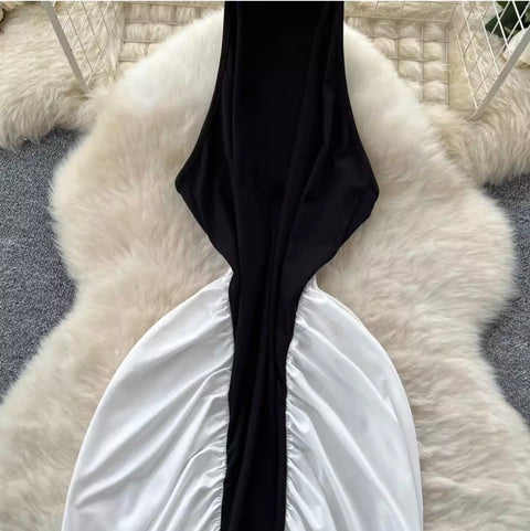 Irregular Design Black & White Halter Dress