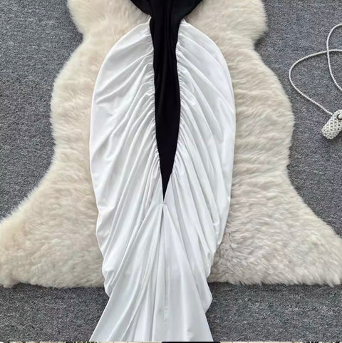 Irregular Design Black & White Halter Dress