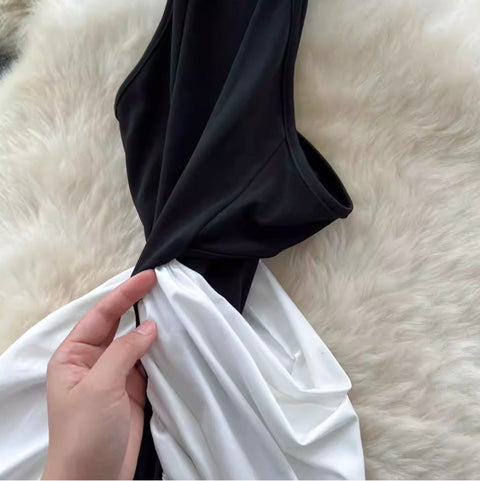 Irregular Design Black & White Halter Dress