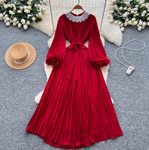 Courtly Rhinestone Beaded Pleated Dress