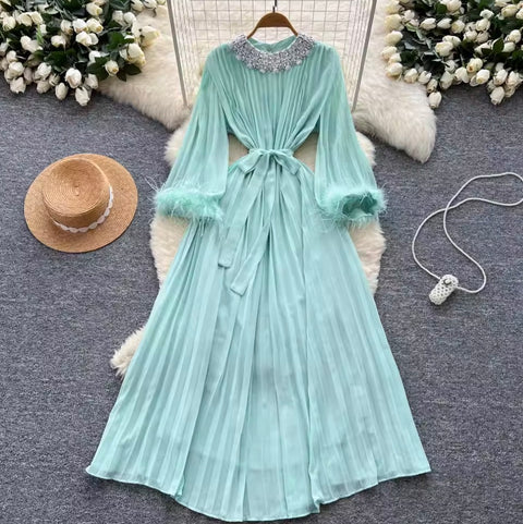 Courtly Rhinestone Beaded Pleated Dress