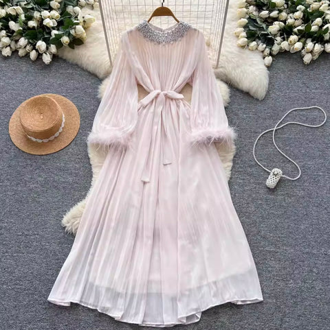 Courtly Rhinestone Beaded Pleated Dress