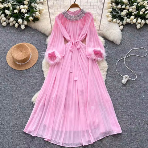 Courtly Rhinestone Beaded Pleated Dress