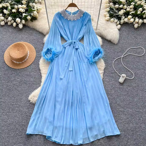 Courtly Rhinestone Beaded Pleated Dress
