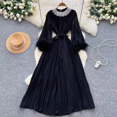Courtly Rhinestone Beaded Pleated Dress