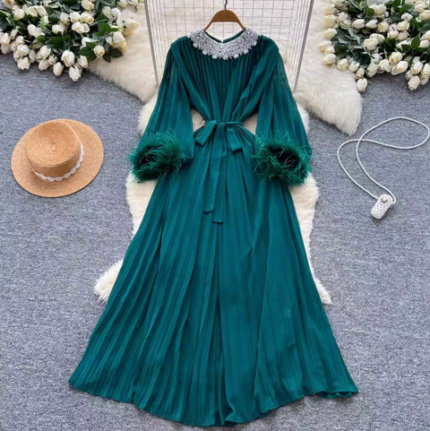 Courtly Rhinestone Beaded Pleated Dress