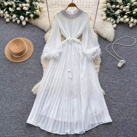 Courtly Rhinestone Beaded Pleated Dress